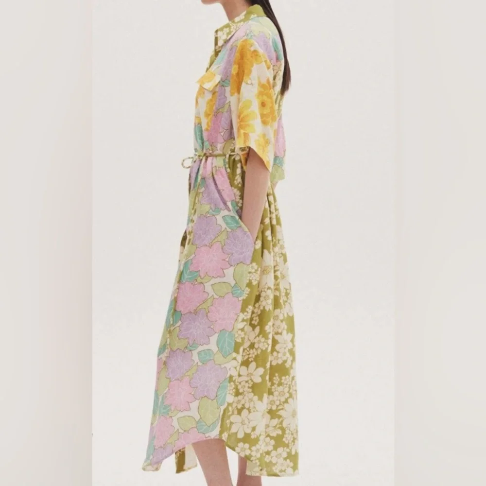 Mixed Floral Cotton Linen Luxury Print Shirtdress With Optional Tie Belt - Picture 4 of 11